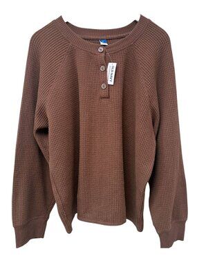 OLD NAVY Waffle Knit Henley Brown XL Long Sleeve Cotton Blend Womens Top NWT